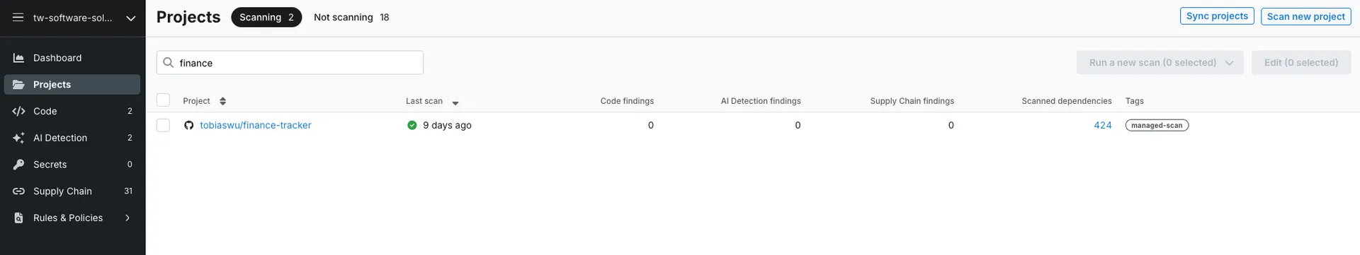 Semgrep dashboard showing 0 results for finance tracker app